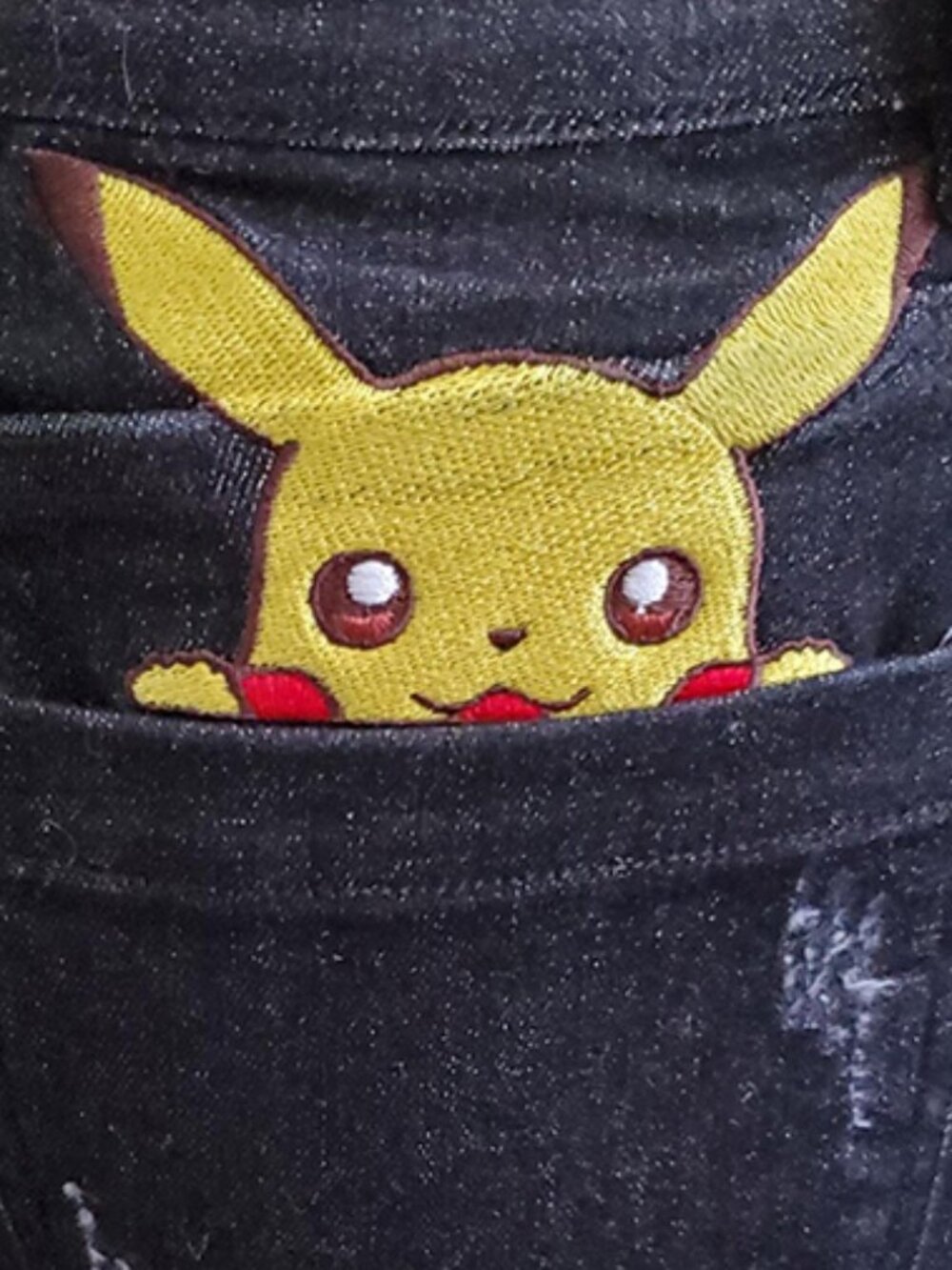 Silk & Lace Anime Pikachu Embroidered Denim Cutoff Shorts - Picture 3 of 7